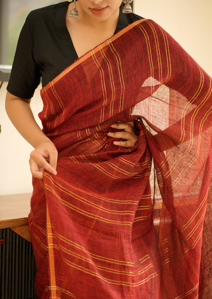 Rich Maroon Linen Saree with Golden Stripes