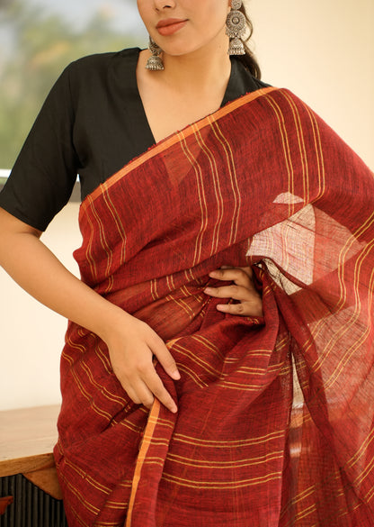 Rich Maroon Linen Saree with Golden Stripes