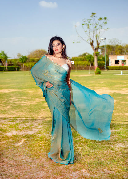 Teal & Gold Dual-Tone Saree