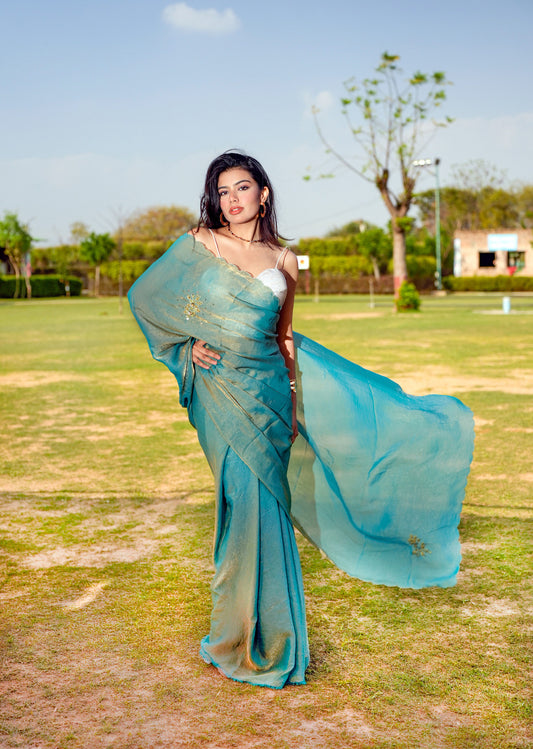 Teal & Gold Dual-Tone Saree