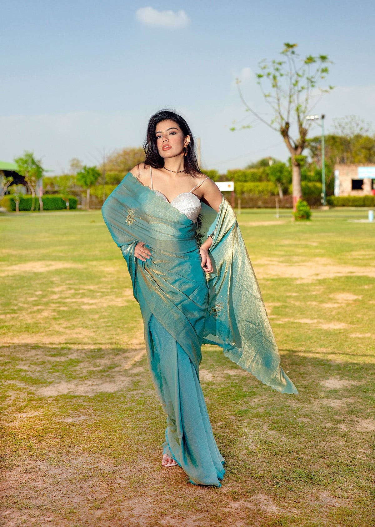 Teal & Gold Dual-Tone Saree