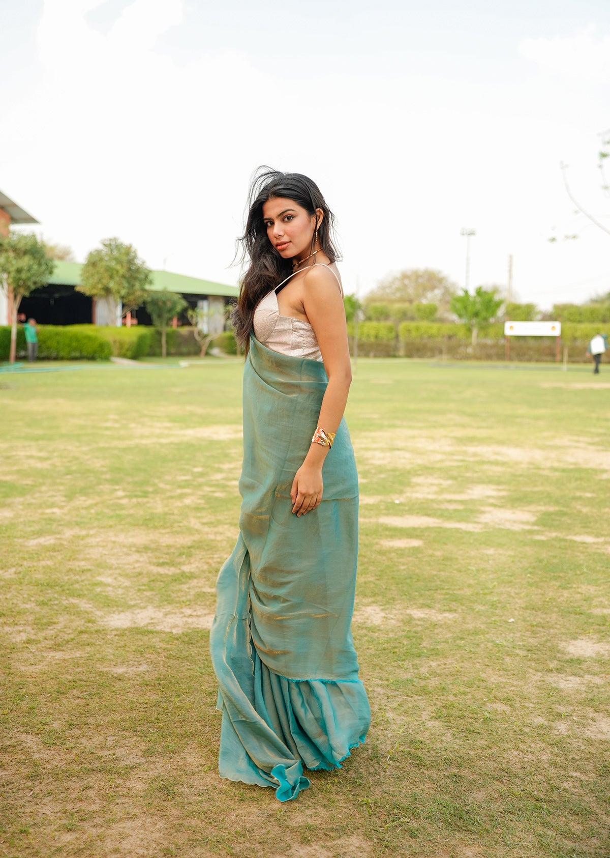 Teal & Gold Dual-Tone Saree