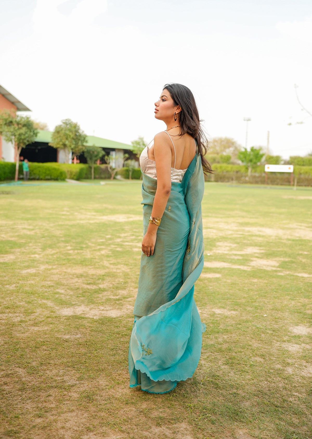 Teal & Gold Dual-Tone Saree