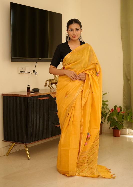 Sunlit Mustard Linen Saree with Zari Border & Floral Embroidery