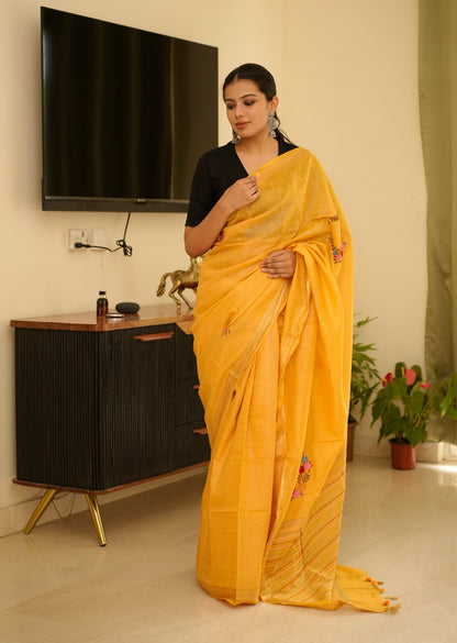 Sunlit Mustard Linen Saree with Zari Border & Floral Embroidery
