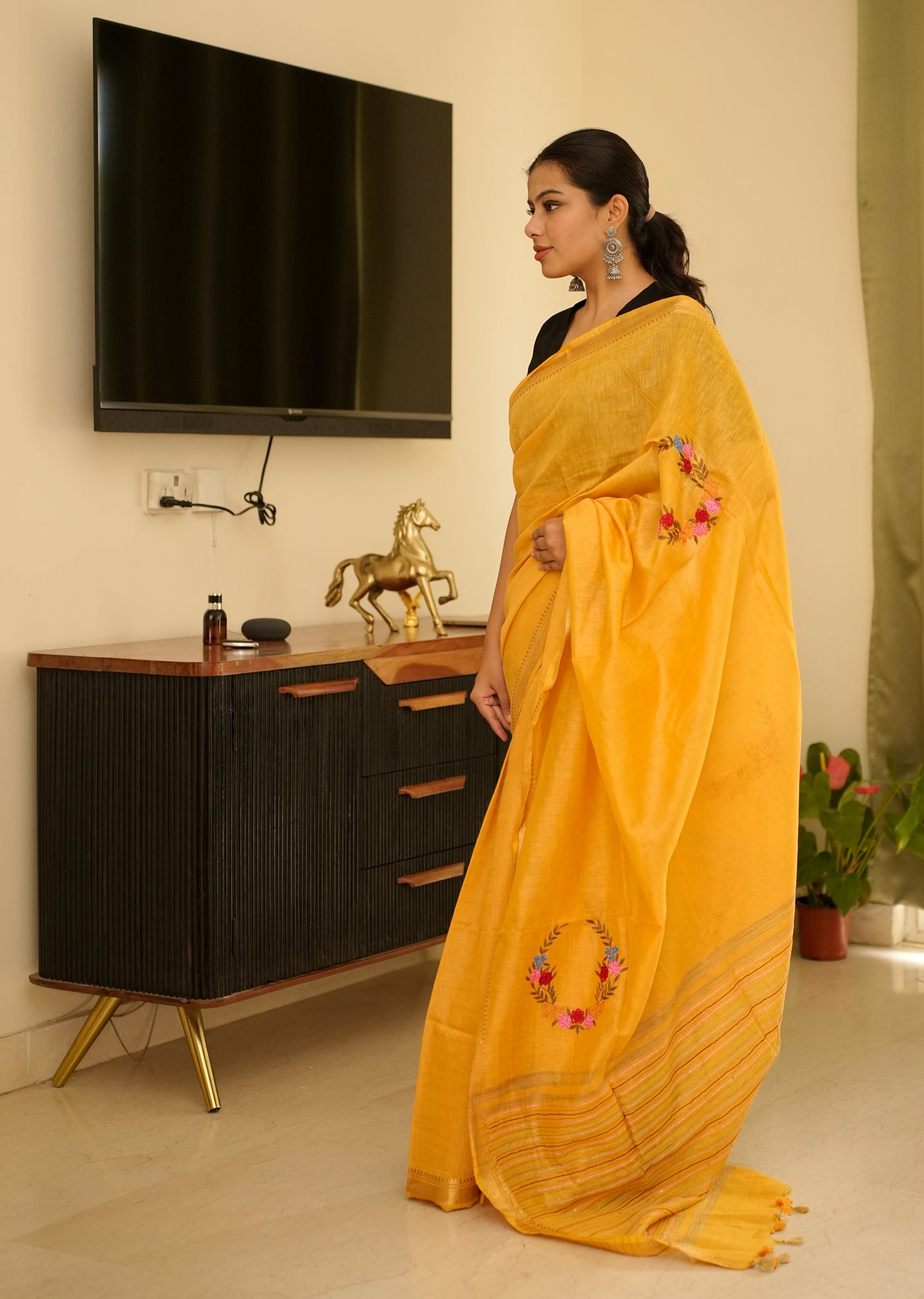 Sunlit Mustard Linen Saree with Zari Border & Floral Embroidery