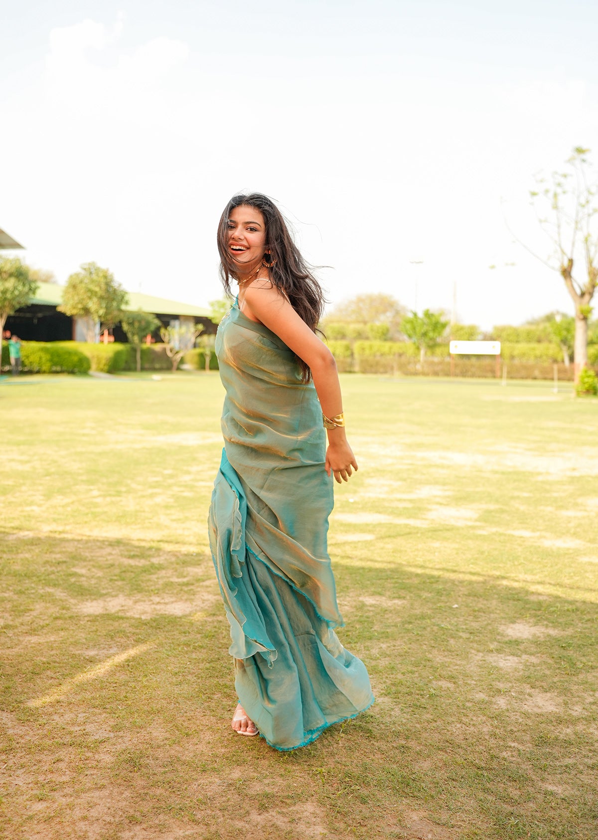 Teal & Gold Dual-Tone Saree