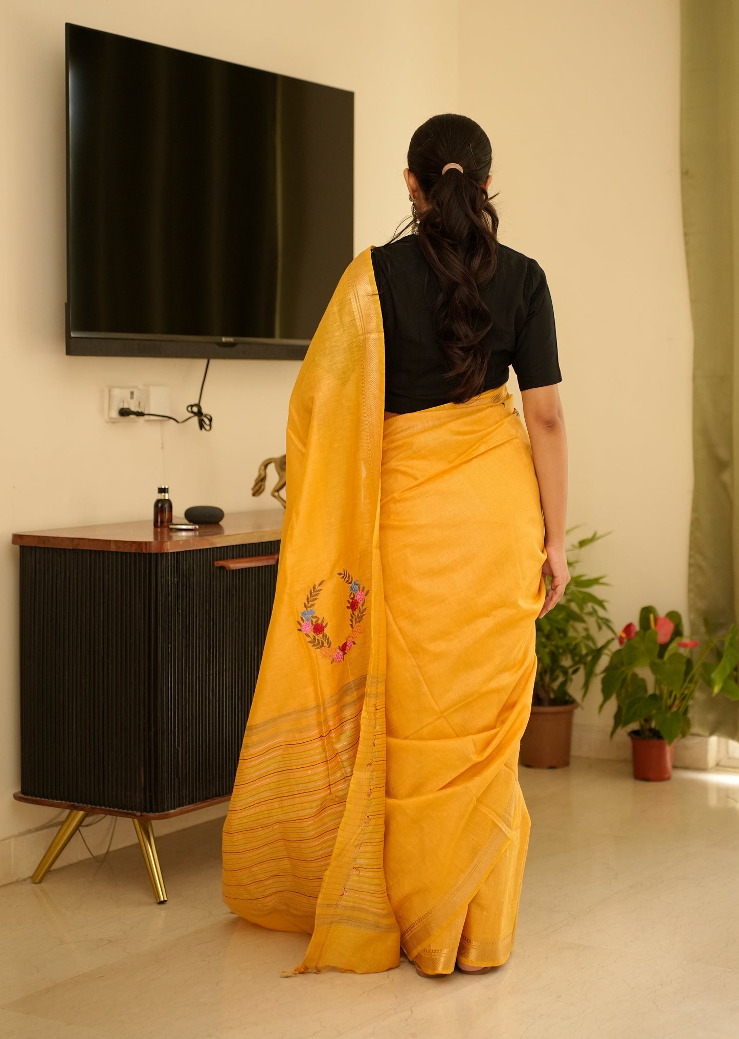 Sunlit Mustard Linen Saree with Zari Border & Floral Embroidery