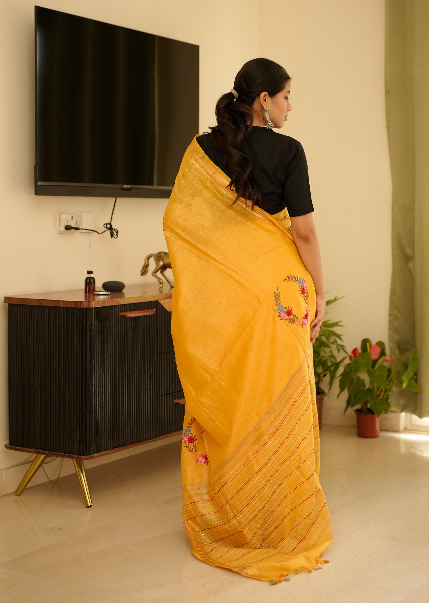 Sunlit Mustard Linen Saree with Zari Border & Floral Embroidery