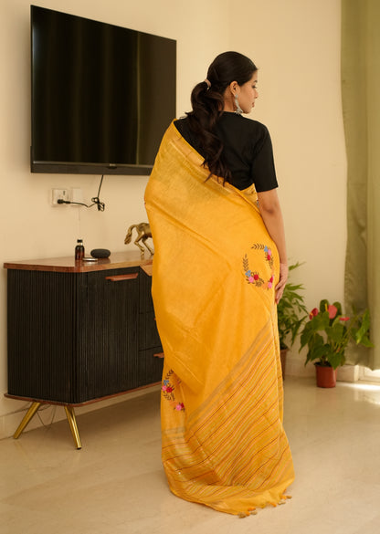 Sunlit Mustard Linen Saree with Zari Border & Floral Embroidery