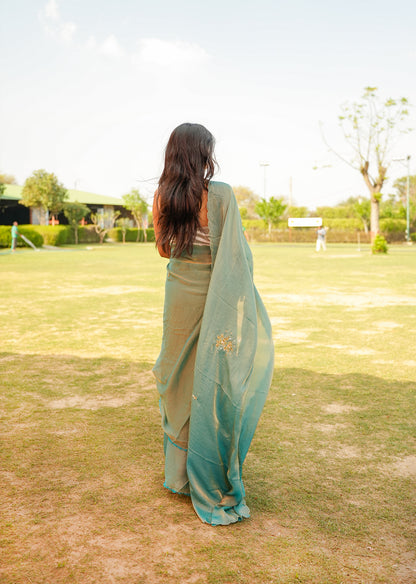 Teal & Gold Dual-Tone Saree