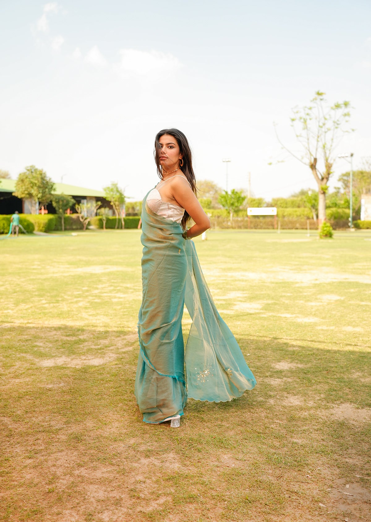 Teal & Gold Dual-Tone Saree