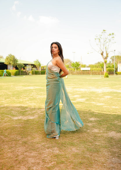 Teal & Gold Dual-Tone Saree