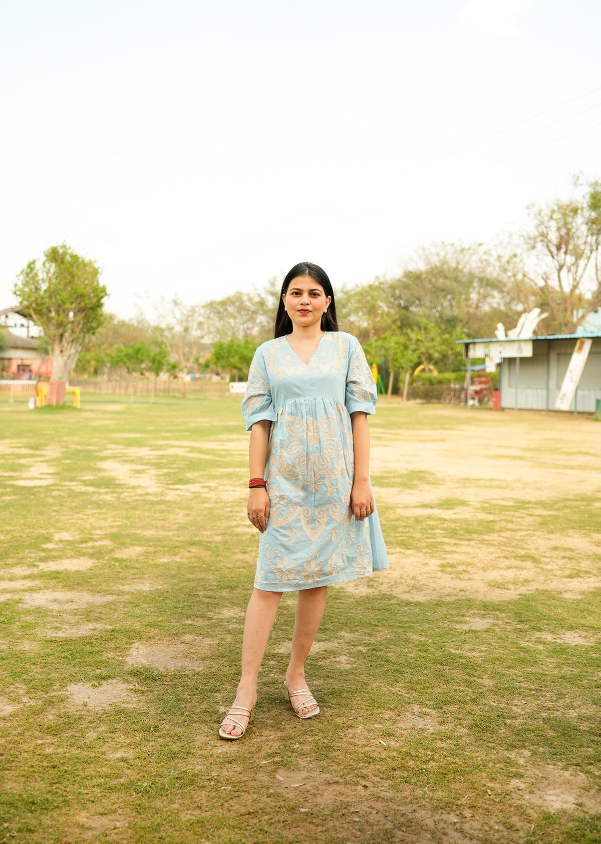 Blue Cotton Dress with Embroidery