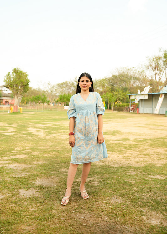 Blue Cotton Dress with Embroidery