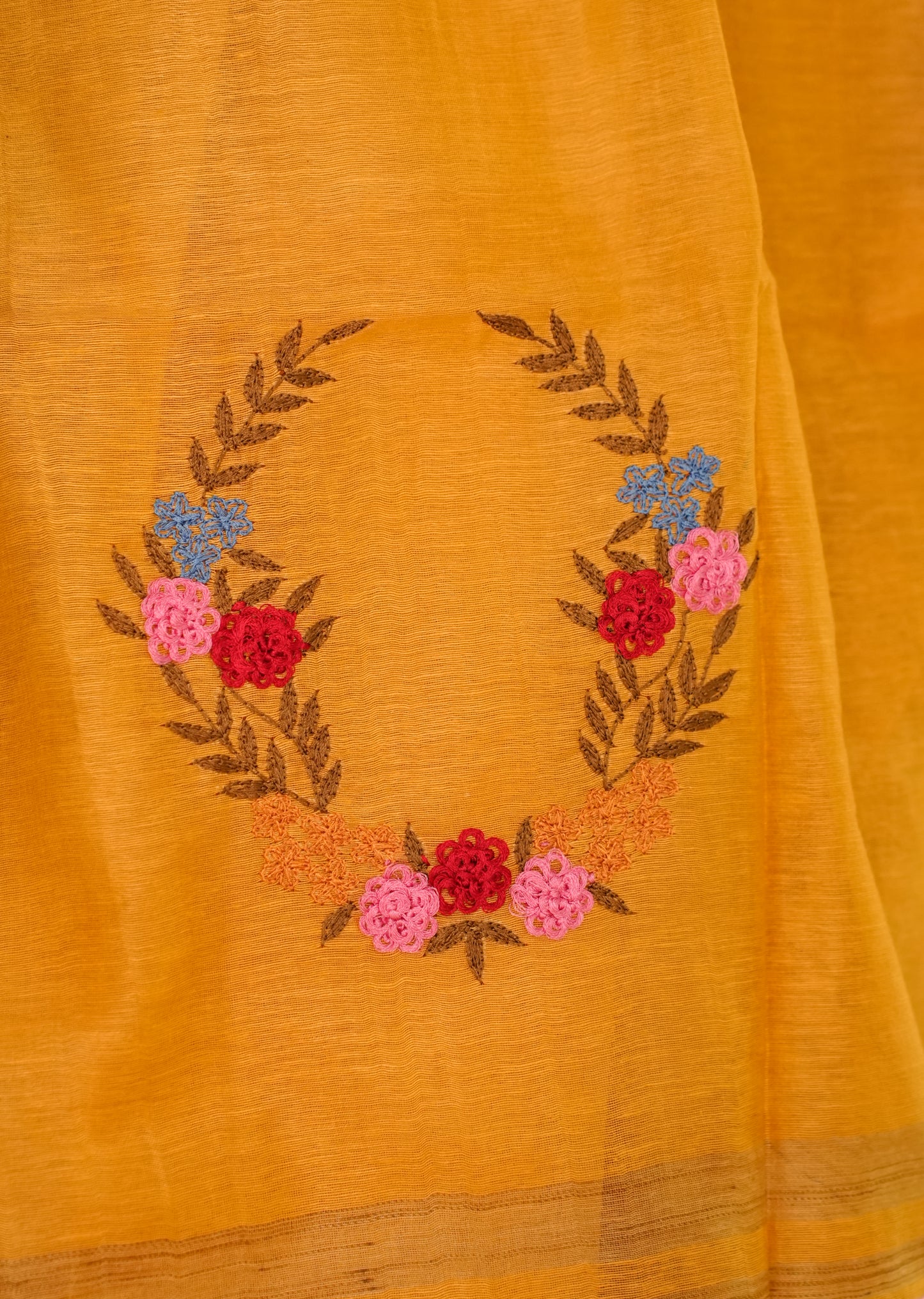 Sunlit Mustard Linen Saree with Zari Border & Floral Embroidery