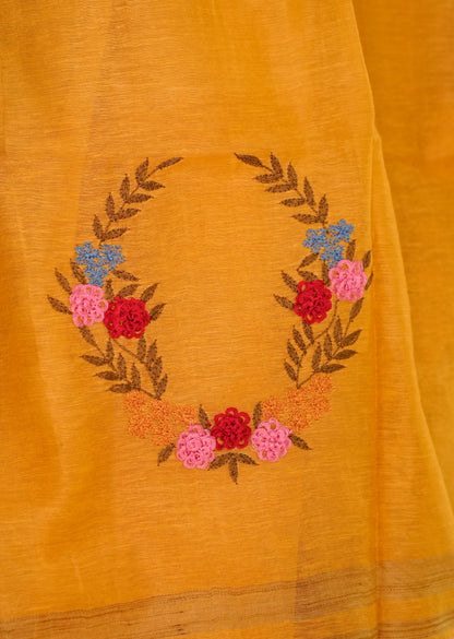 Sunlit Mustard Linen Saree with Zari Border & Floral Embroidery