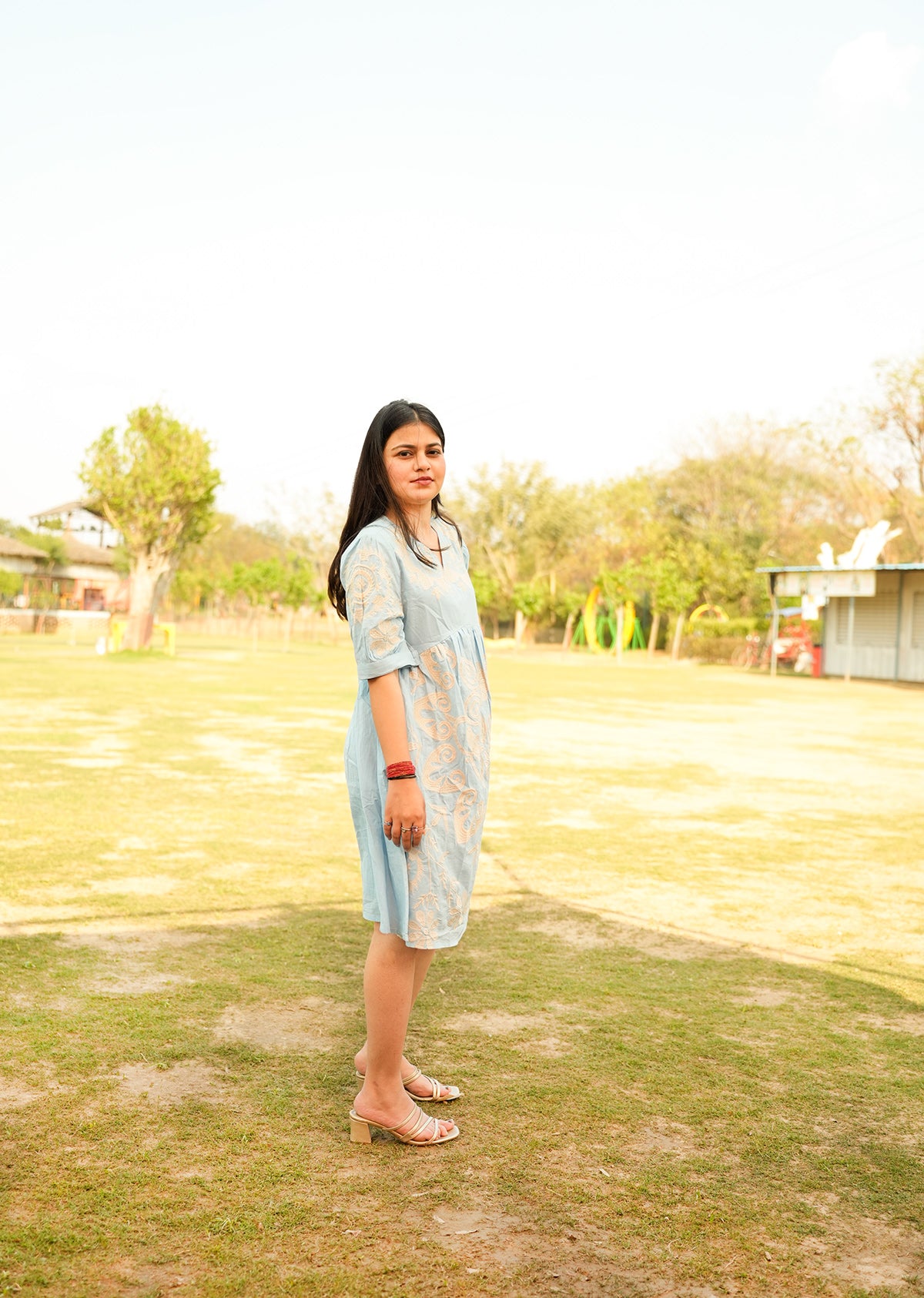 Blue Cotton Dress with Embroidery