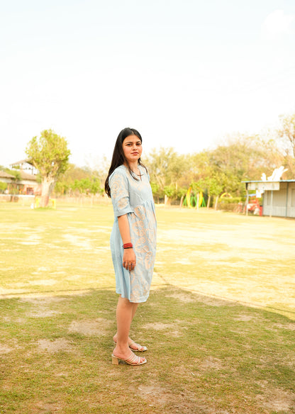 Blue Cotton Dress with Embroidery