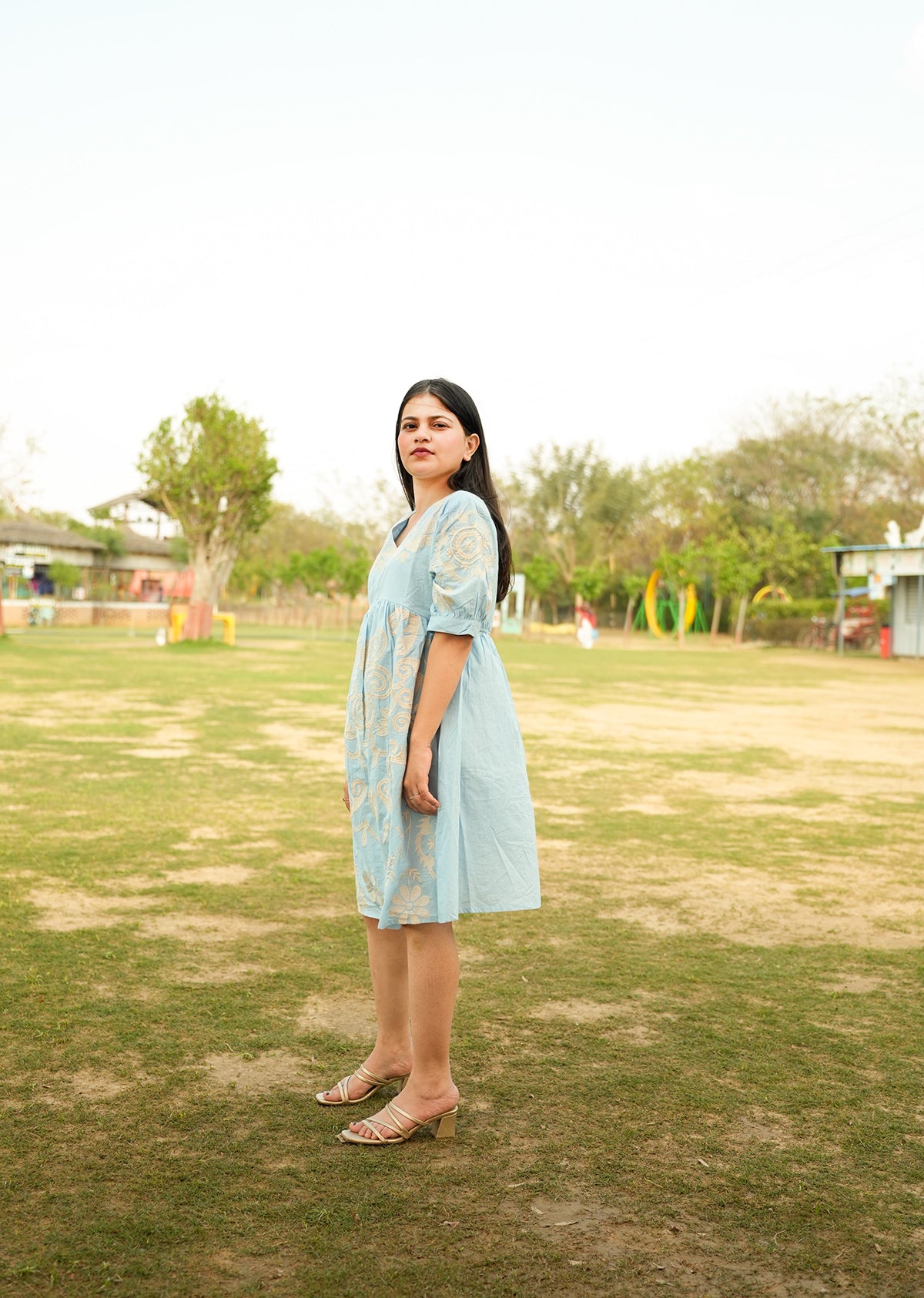 Blue Cotton Dress with Embroidery