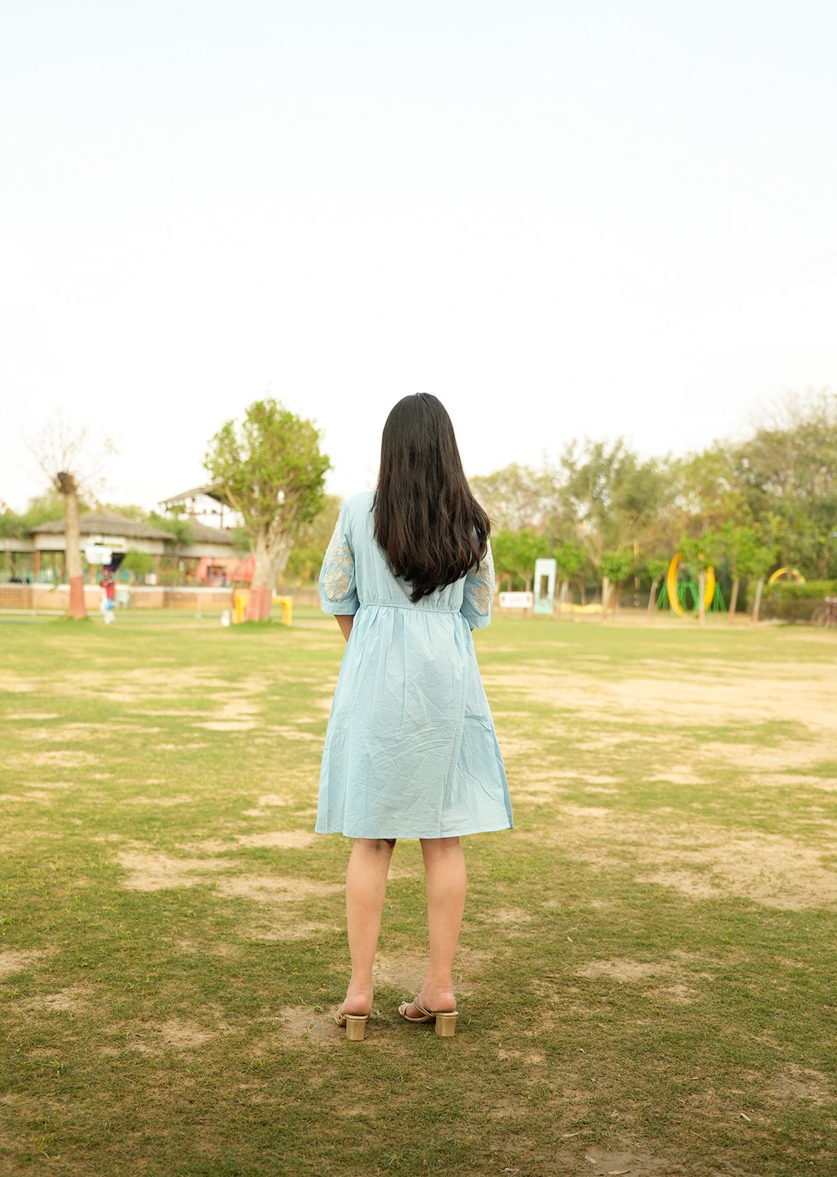 Blue Cotton Dress with Embroidery
