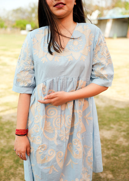 Blue Cotton Dress with Embroidery