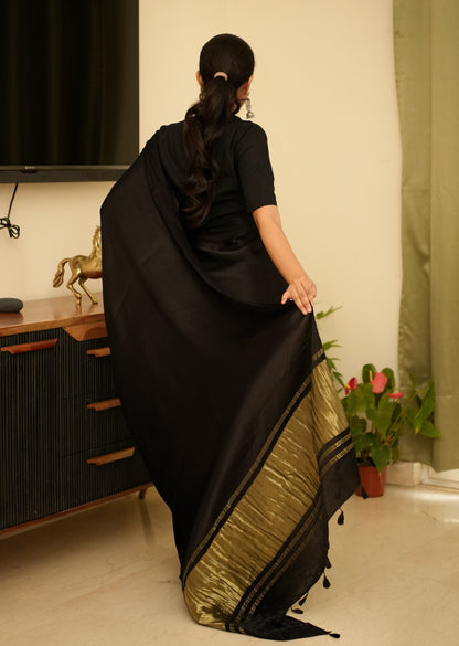 Black Silk Saree with Gold Zari Border – A Timeless Classic