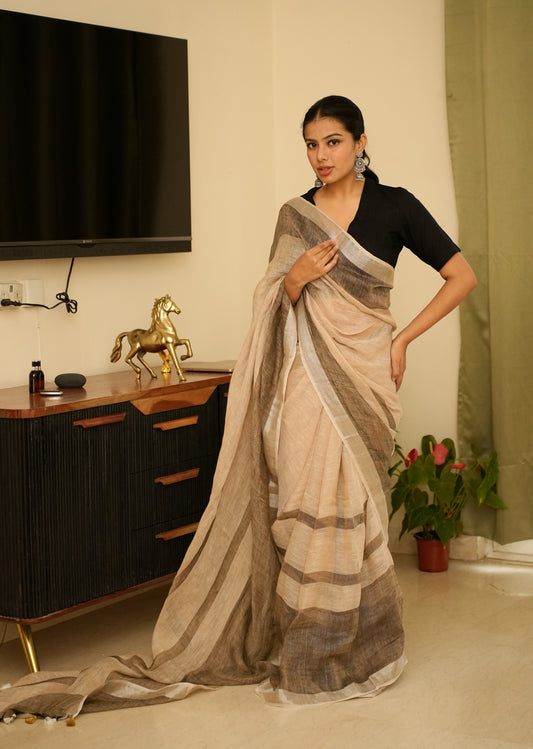Minimalist Chic - Beige Linen Saree with Subtle Grey Stripes