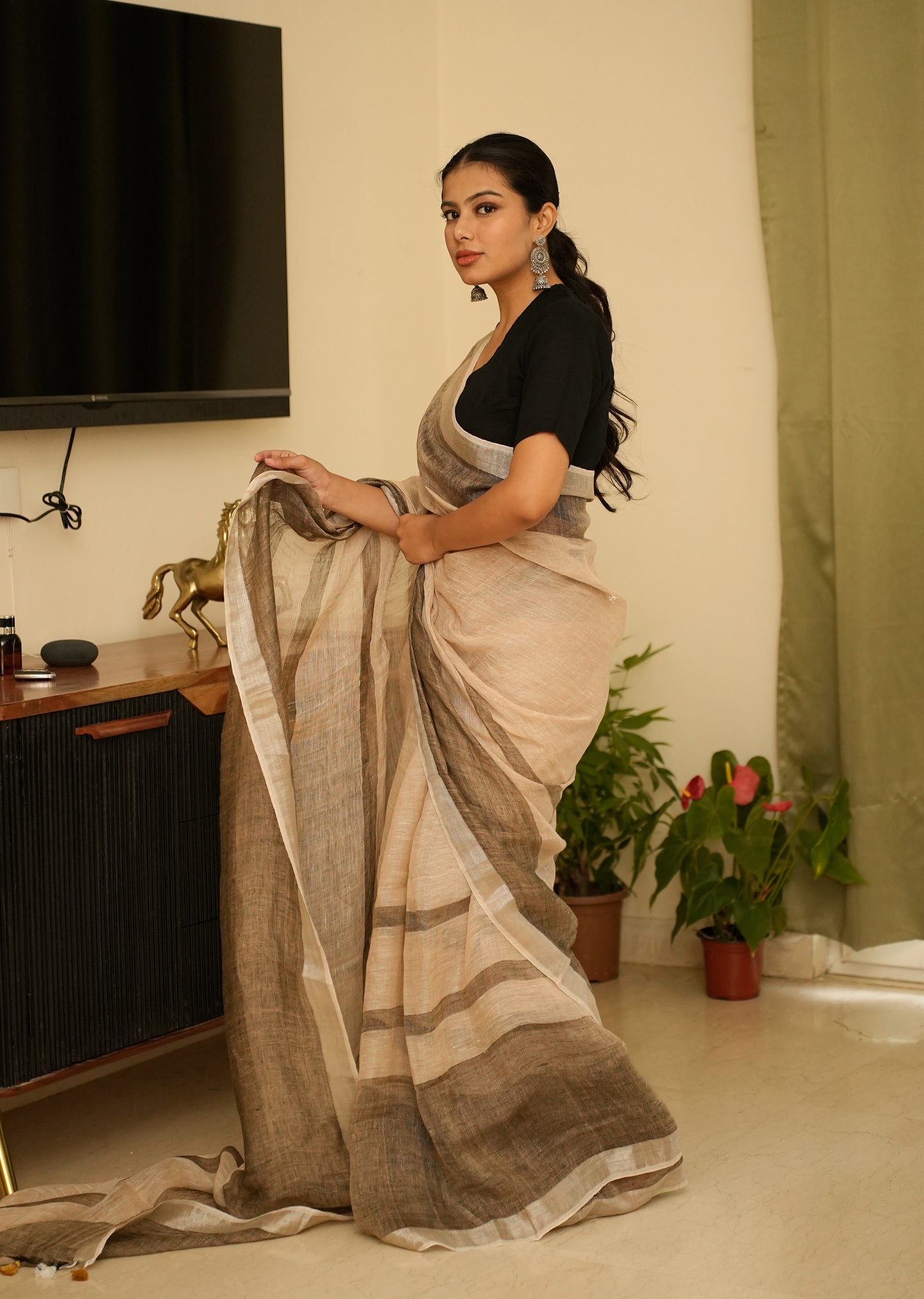 Minimalist Chic - Beige Linen Saree with Subtle Grey Stripes