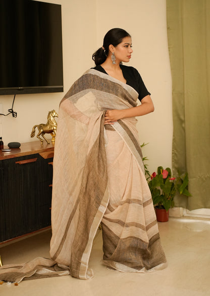Minimalist Chic - Beige Linen Saree with Subtle Grey Stripes