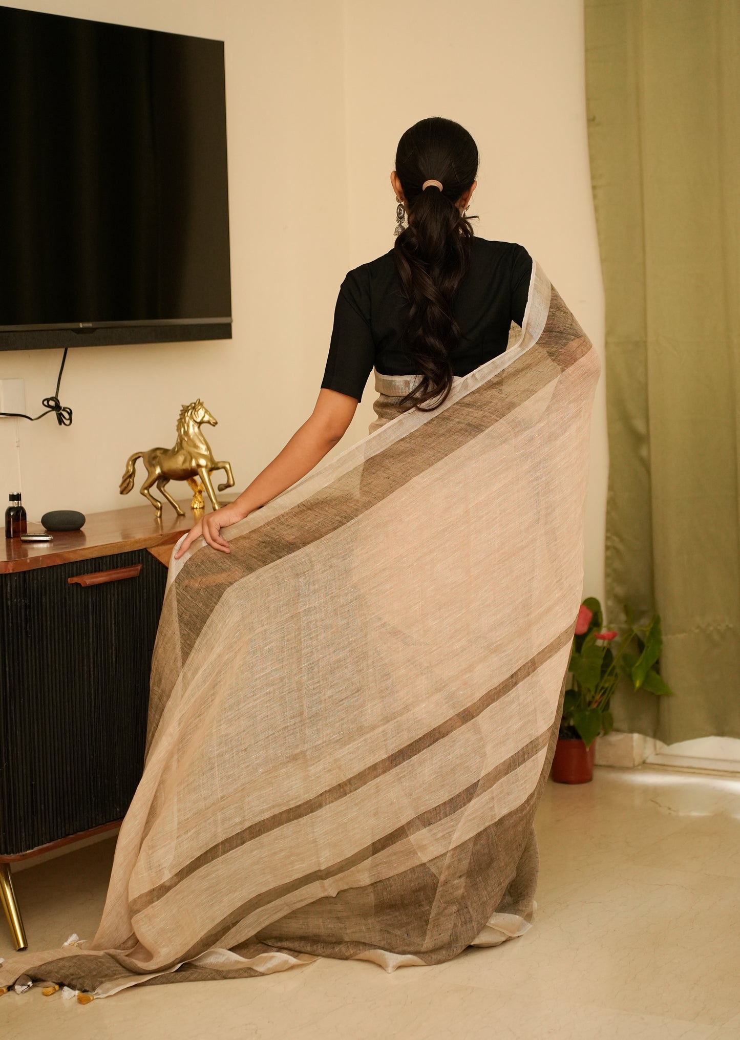 Minimalist Chic - Beige Linen Saree with Subtle Grey Stripes