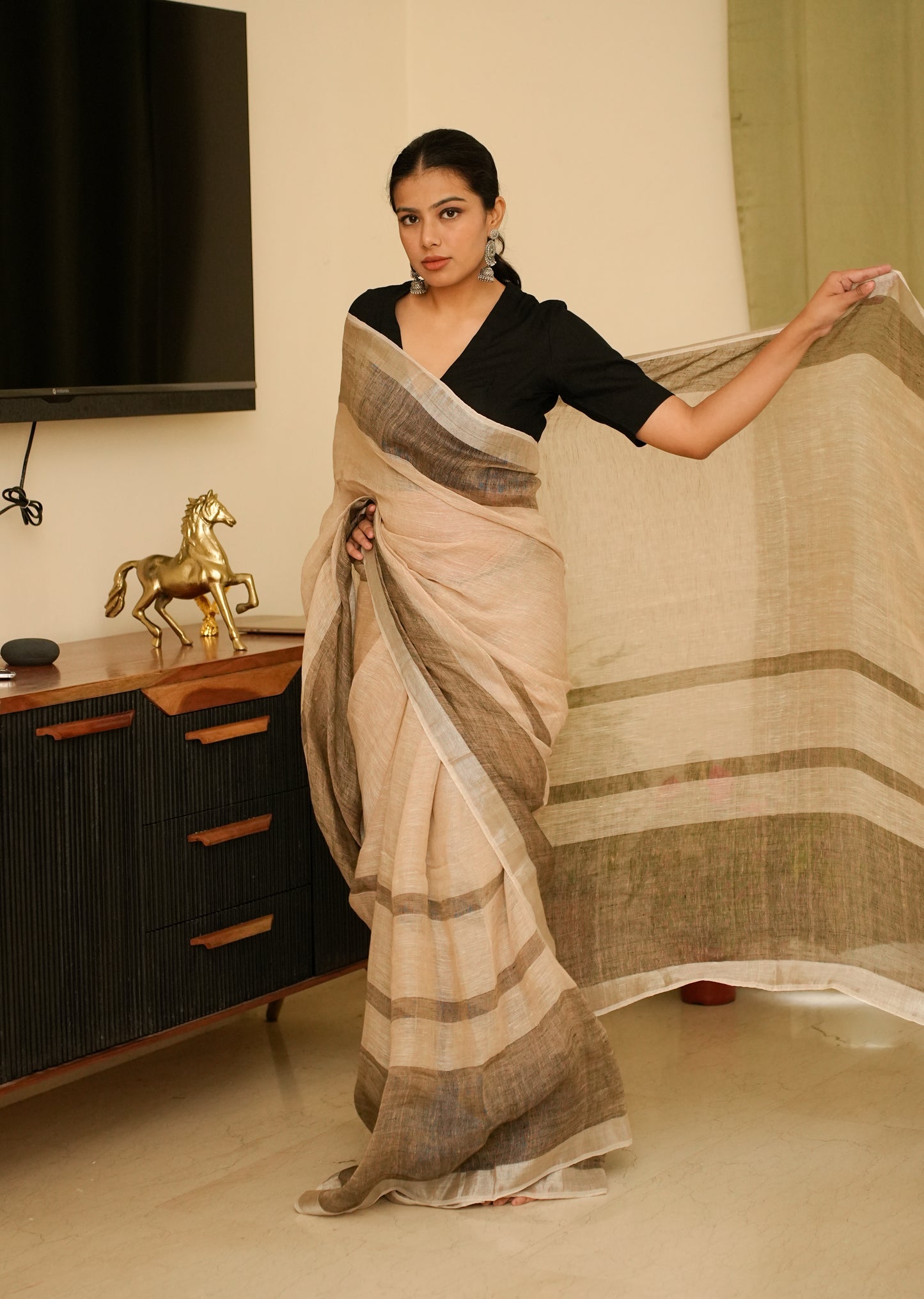 Minimalist Chic - Beige Linen Saree with Subtle Grey Stripes