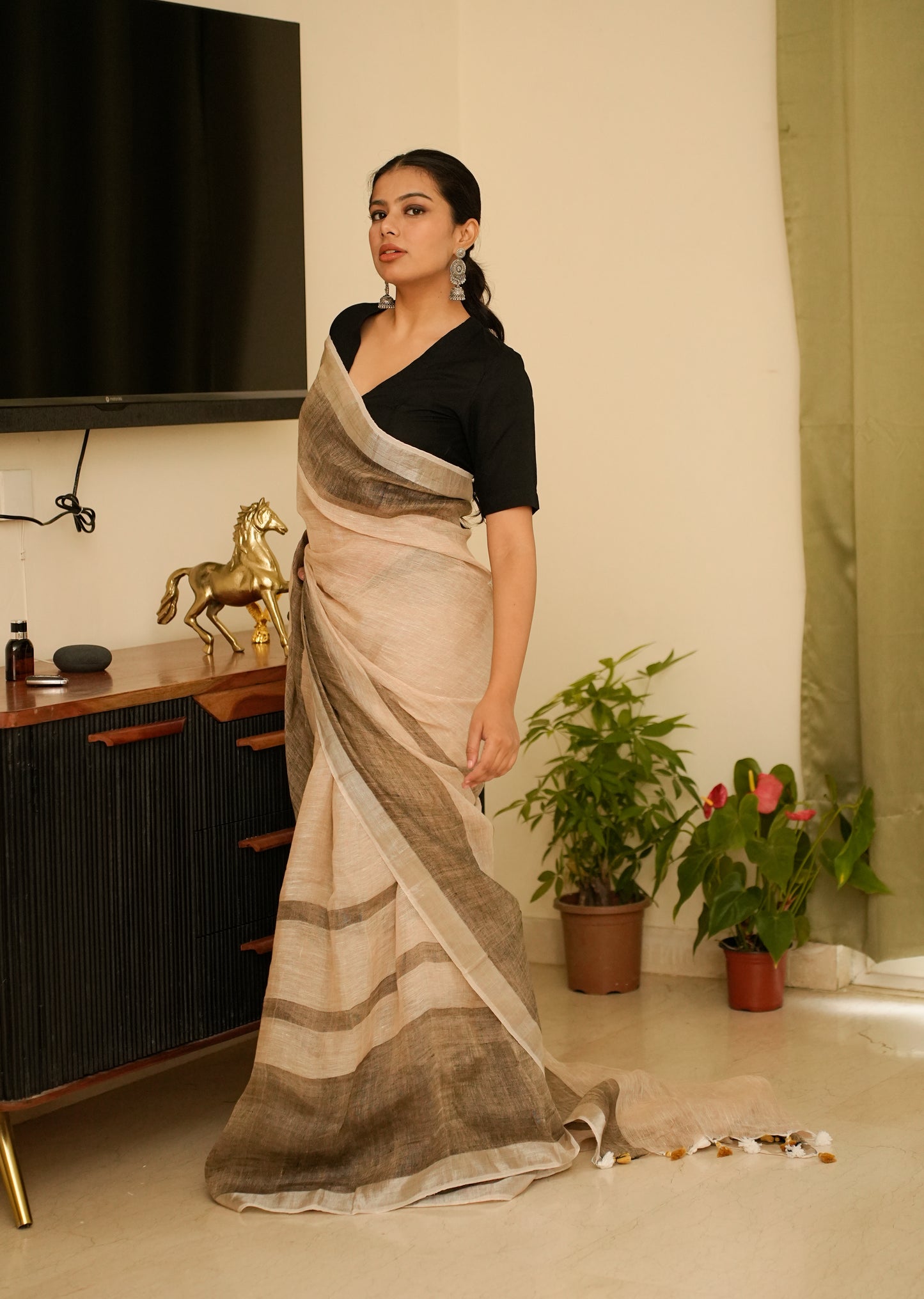 Minimalist Chic - Beige Linen Saree with Subtle Grey Stripes