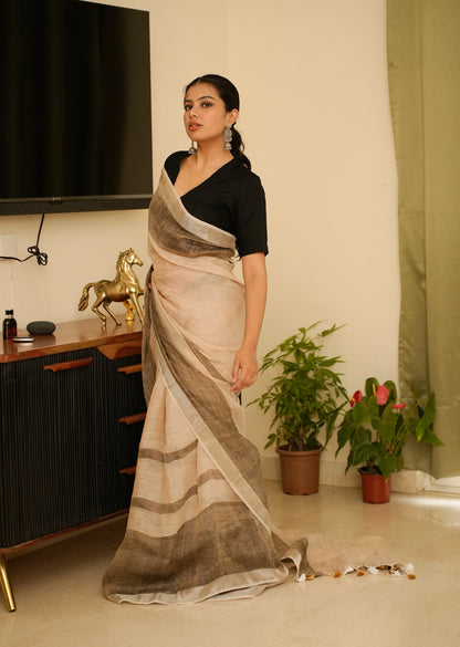 Minimalist Chic - Beige Linen Saree with Subtle Grey Stripes