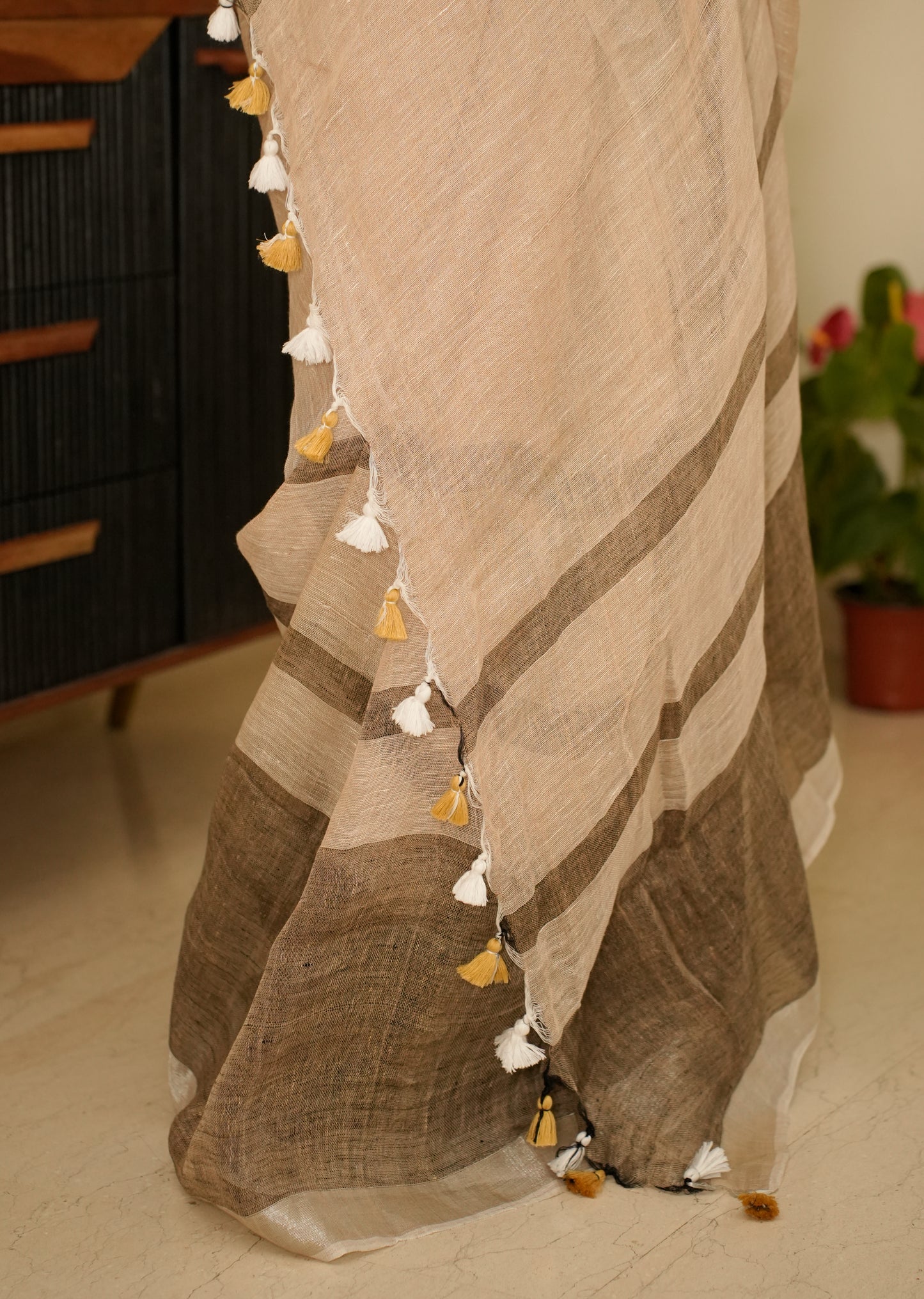 Minimalist Chic - Beige Linen Saree with Subtle Grey Stripes