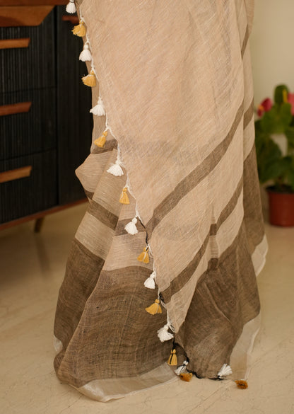 Minimalist Chic - Beige Linen Saree with Subtle Grey Stripes