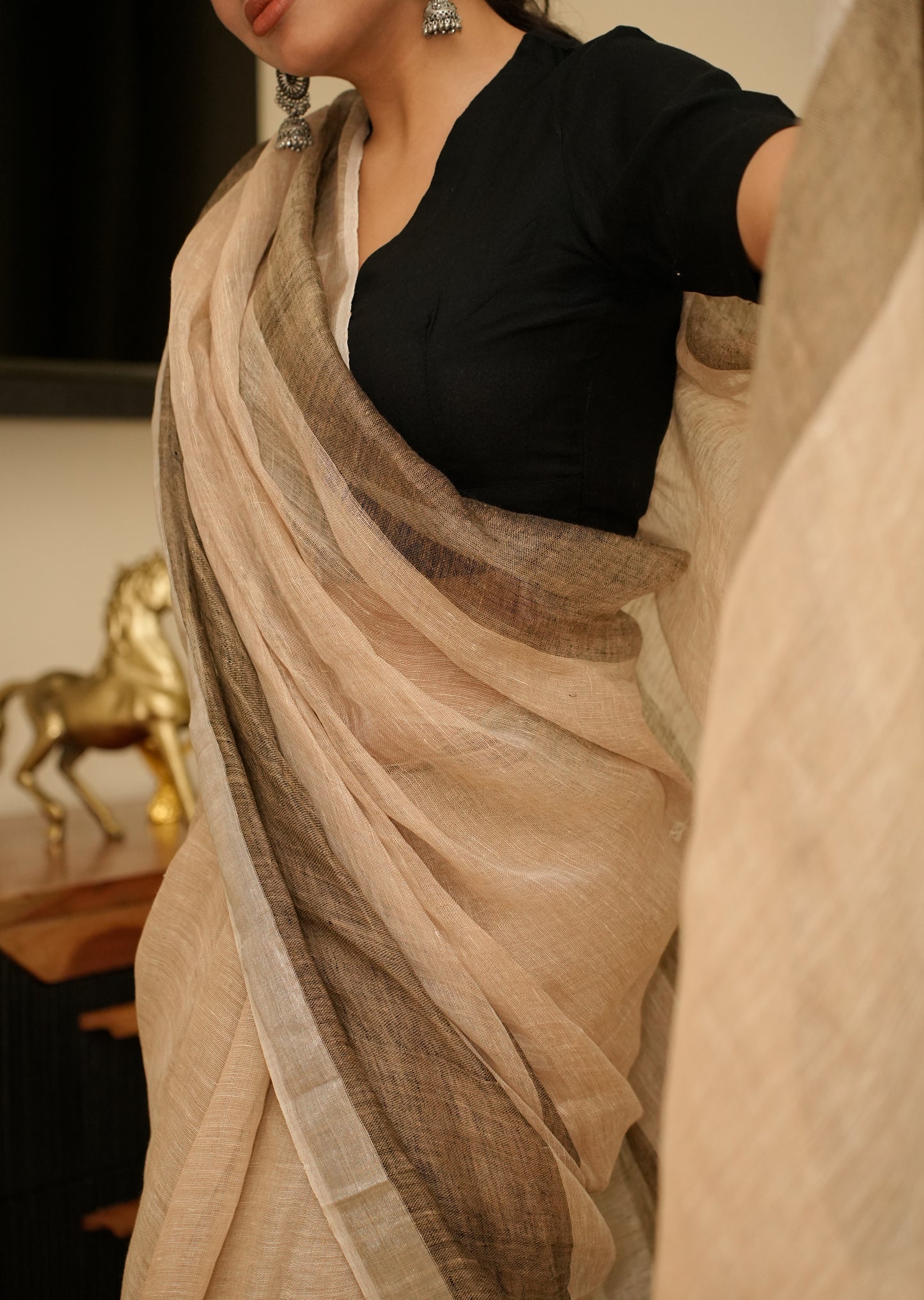 Minimalist Chic - Beige Linen Saree with Subtle Grey Stripes