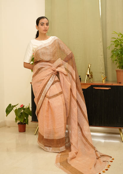 चाय-सुर्ख़ – Handwoven Linen Saree in Tea Rose & Brown Tones
