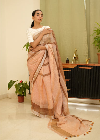 चाय-सुर्ख़ – Handwoven Linen Saree in Tea Rose & Brown Tones