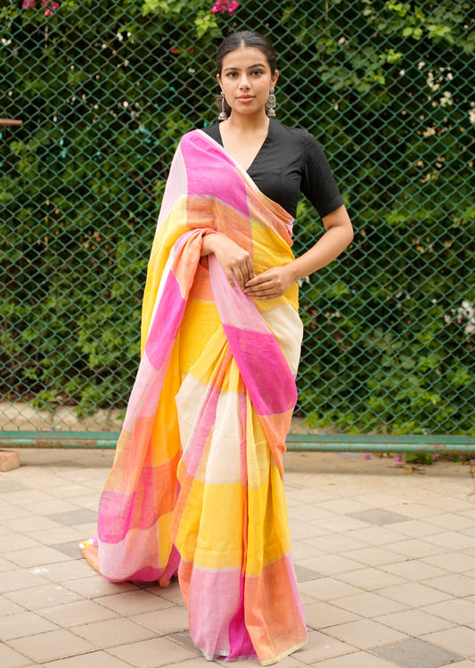 नूर-ए-रंग Linen Saree in Pink, Orange & Yellow Tones