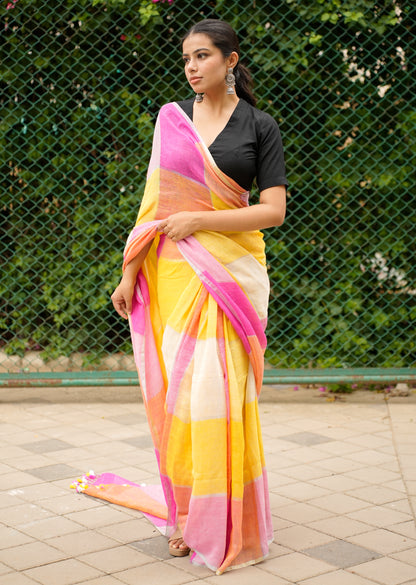 नूर-ए-रंग Linen Saree in Pink, Orange & Yellow Tones