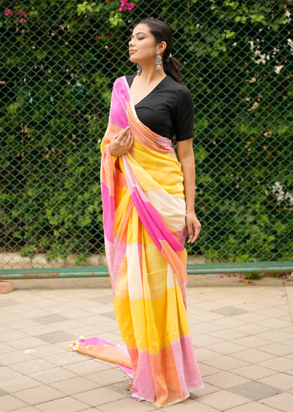 नूर-ए-रंग Linen Saree in Pink, Orange & Yellow Tones