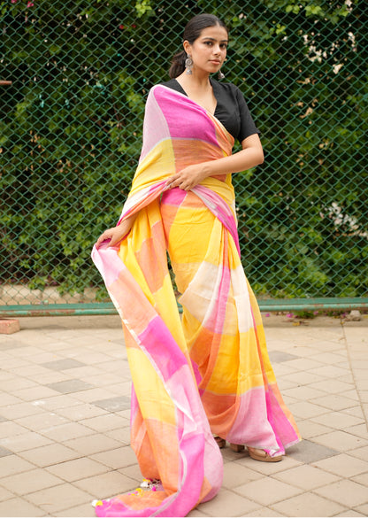 नूर-ए-रंग Linen Saree in Pink, Orange & Yellow Tones