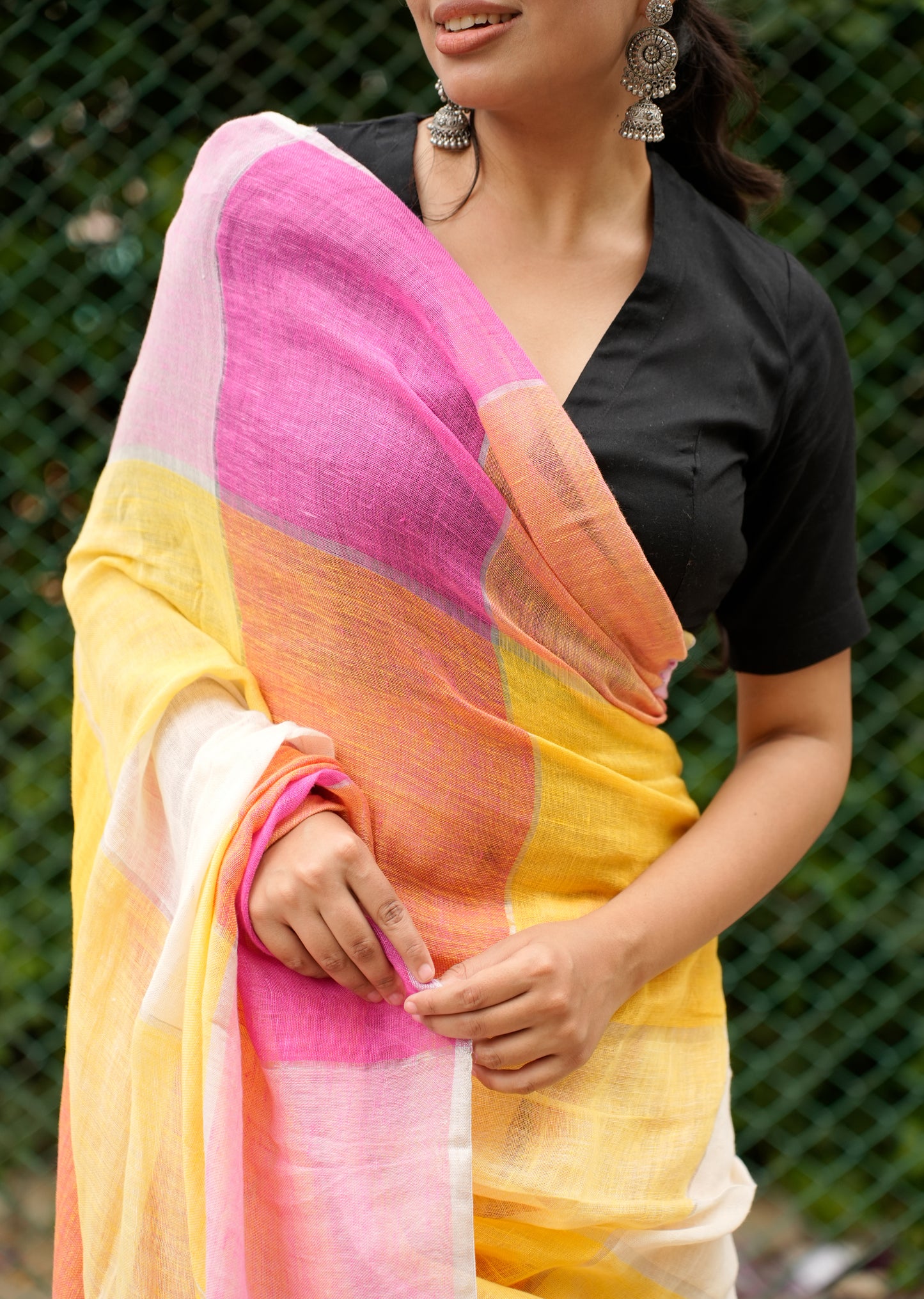 नूर-ए-रंग Linen Saree in Pink, Orange & Yellow Tones