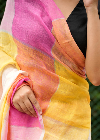 नूर-ए-रंग Linen Saree in Pink, Orange & Yellow Tones