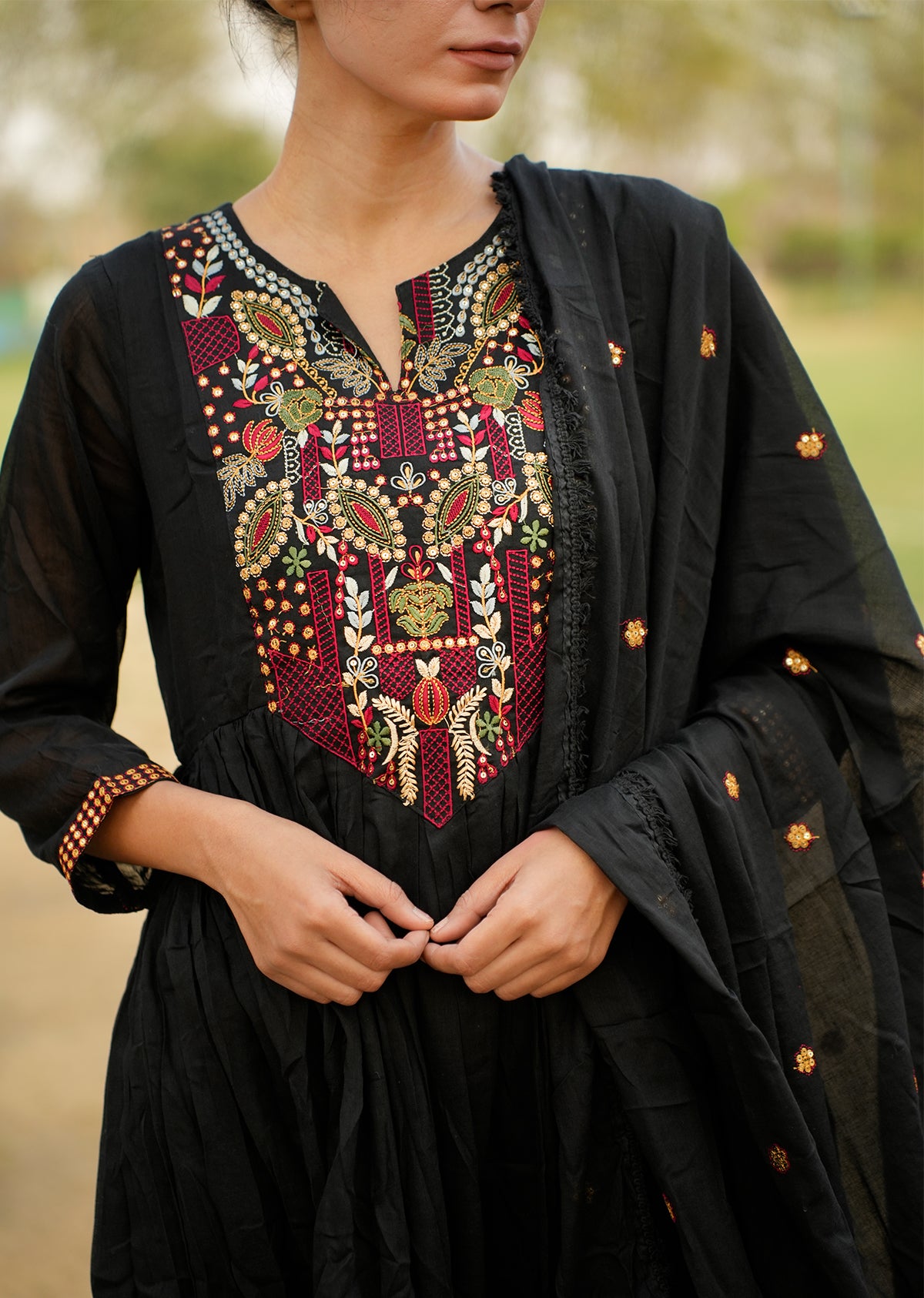 Black Printed Kurta Set with Dupatta