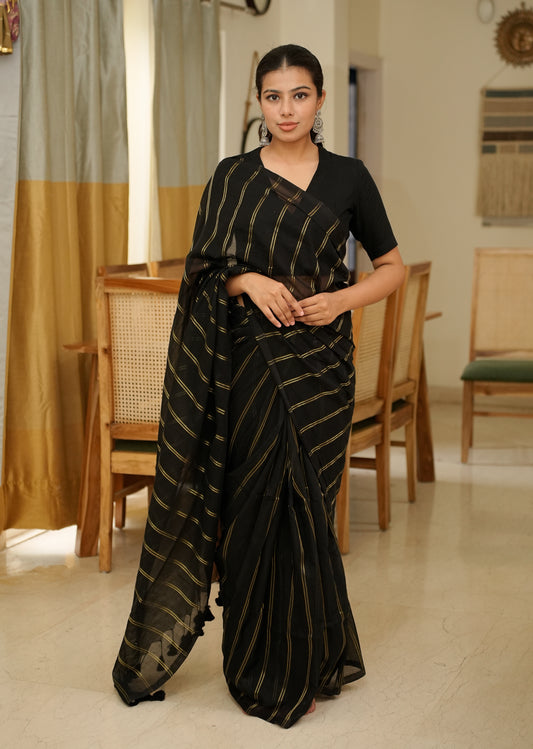 Midnight Stripes – Elegant Black & Gold Saree