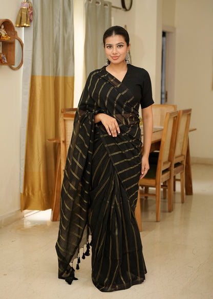Midnight Stripes – Elegant Black & Gold Saree