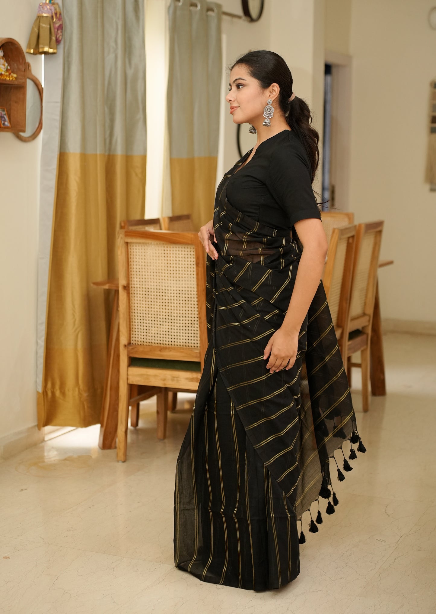 Midnight Stripes – Elegant Black & Gold Saree