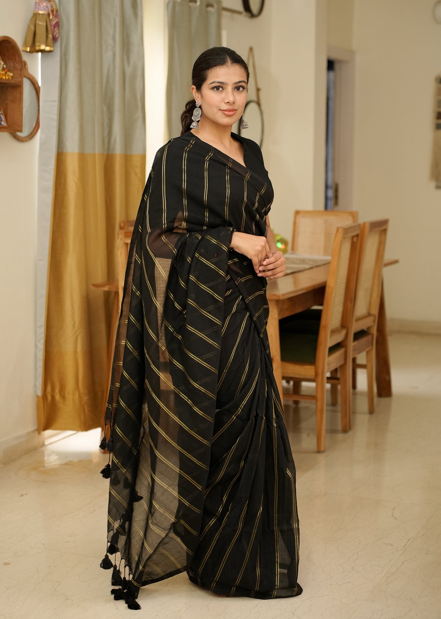 Midnight Stripes – Elegant Black & Gold Saree